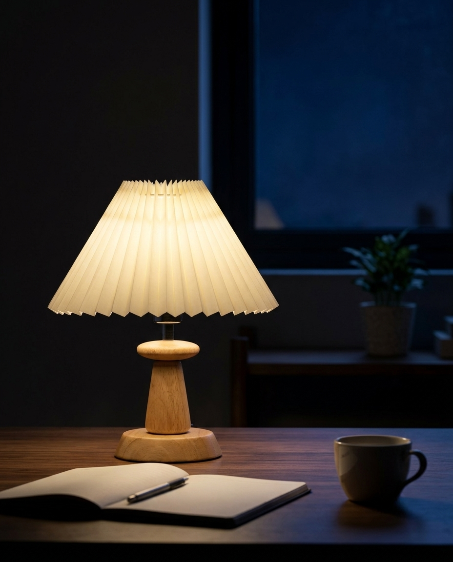 Hygge™ | מנורת שולחן עץ נורדית עם אהיל מקופל, אור חם וינטג' לחדר שינה וסלון