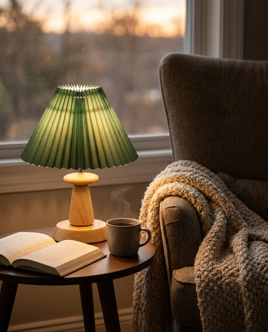 Hygge™ | מנורת שולחן עץ נורדית עם אהיל מקופל, אור חם וינטג' לחדר שינה וסלון
