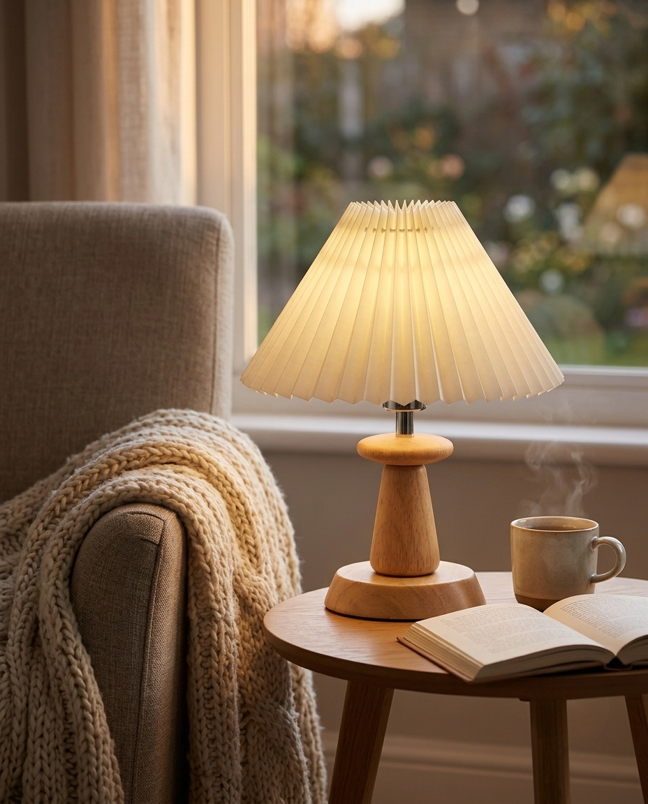 Hygge™ | מנורת שולחן עץ נורדית עם אהיל מקופל, אור חם וינטג' לחדר שינה וסלון