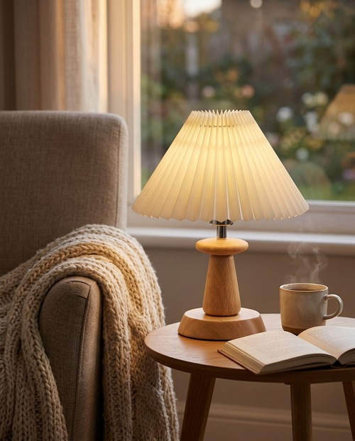 Hygge™ | מנורת שולחן עץ נורדית עם אהיל מקופל, אור חם וינטג' לחדר שינה וסלון